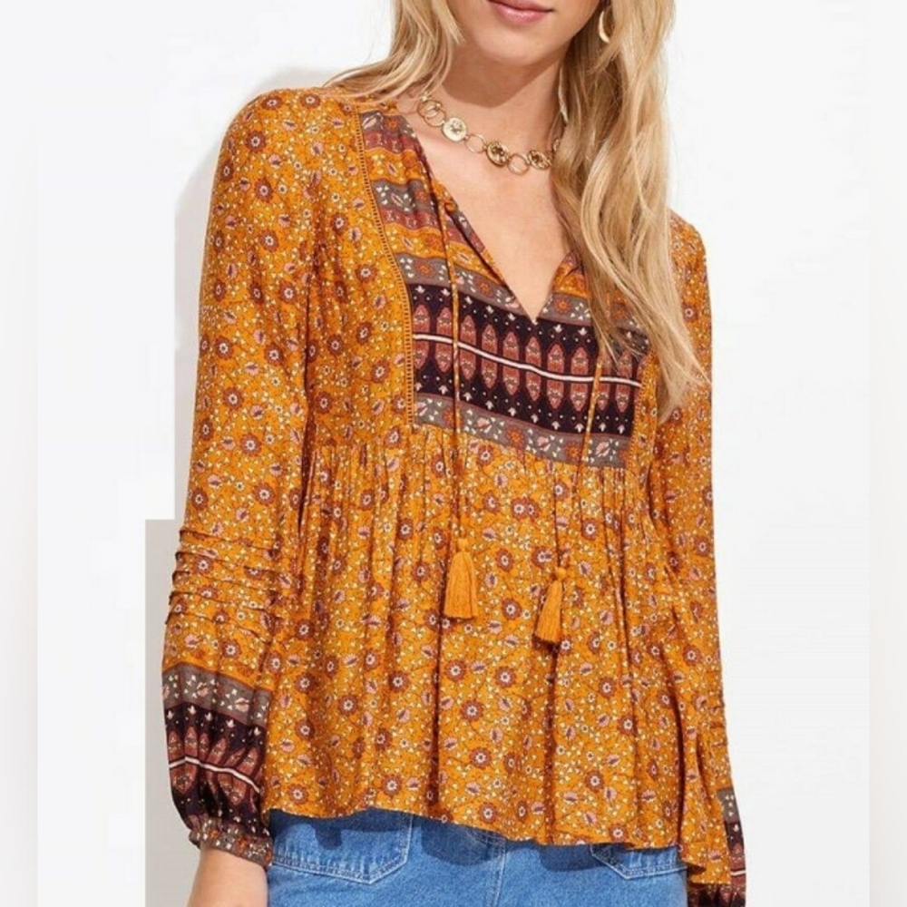SPORTSGIRL Boho Mustard Long Sleeve Top Blouse - Picture 3 of 9